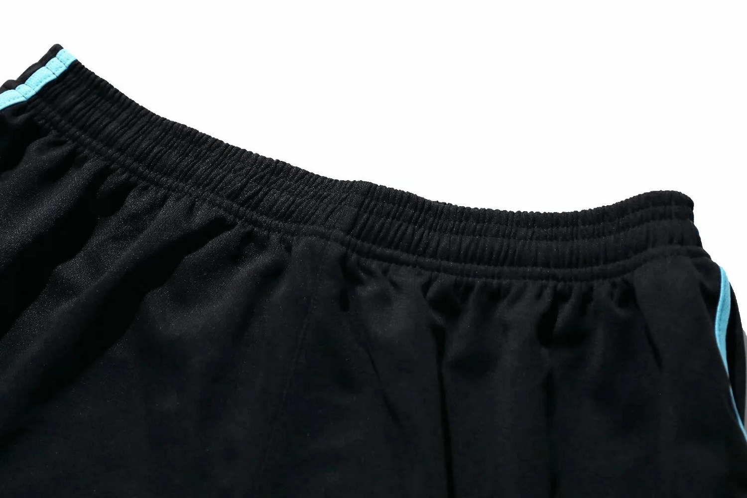 Black athletic shorts with light blue accents, featuring an elastic waistband. Part of the Men's Athletic Tank Top and Shorts Set SF2053.